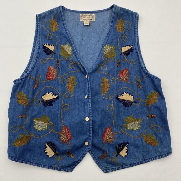 TanTrum Blues Embroidered Vest 2X Blue Denim Leaves Acorns Button Front - Picture 1 of 8